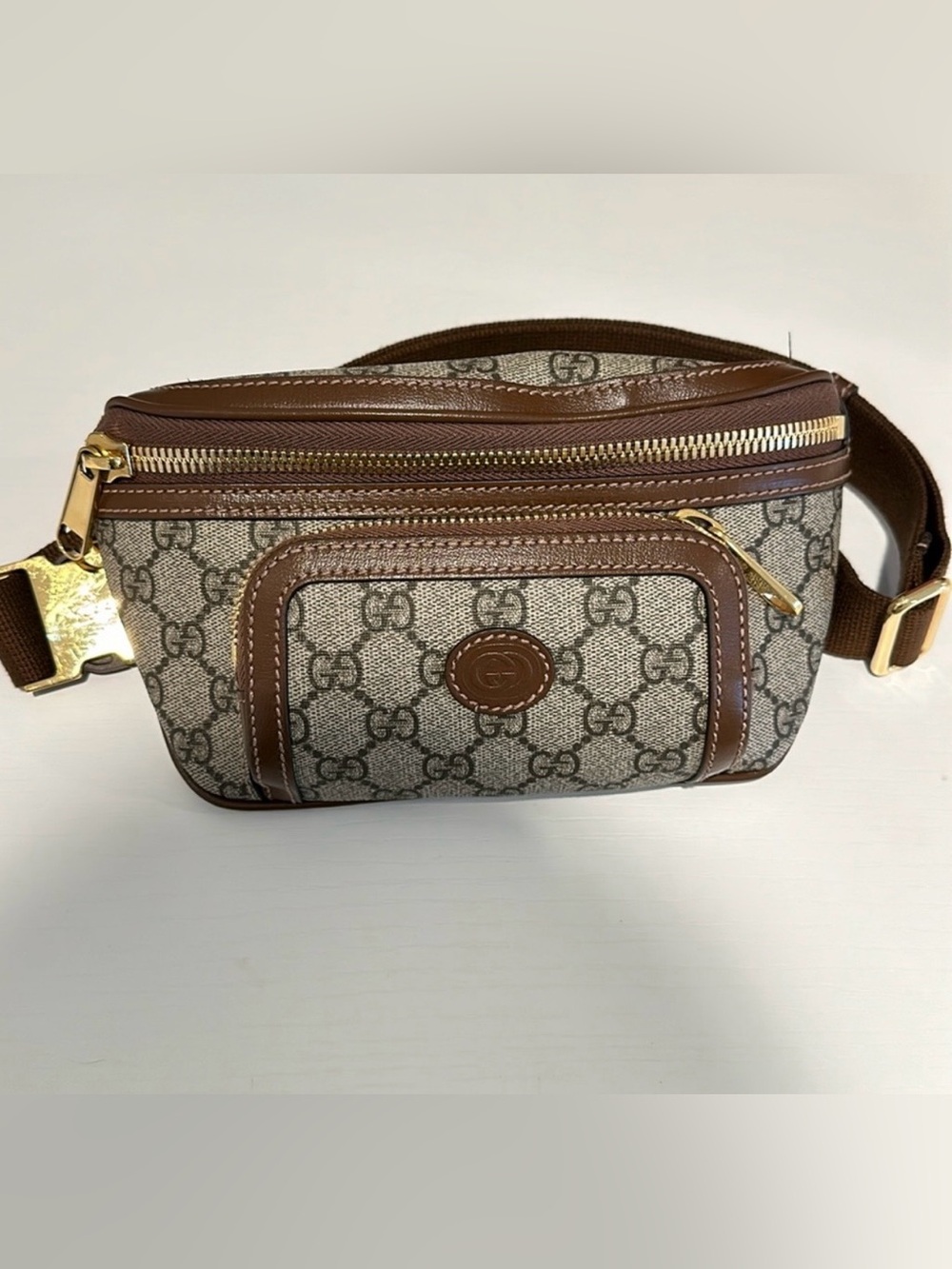 Gucci Beige GG Canvas and Brown Leather Mini Belt Bag with Gold Hardware
